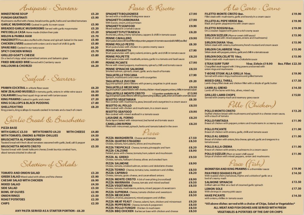 Our Main Menus At Monte Cristo Restaurant | Italian & Mediterranean